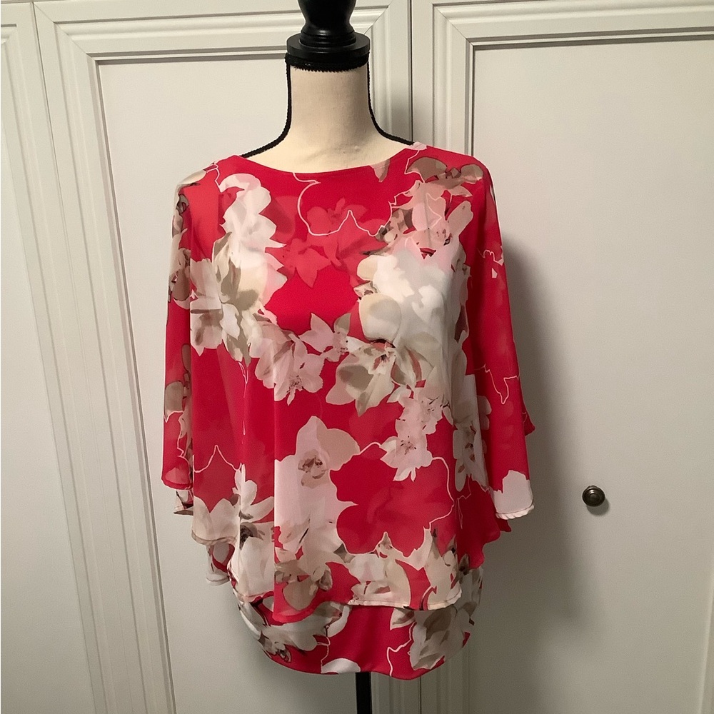 Alfani Pink, Cream, Taupe & Cream Cape Style Floral Blouse Size Medium (12-14) - Picture 2 of 10